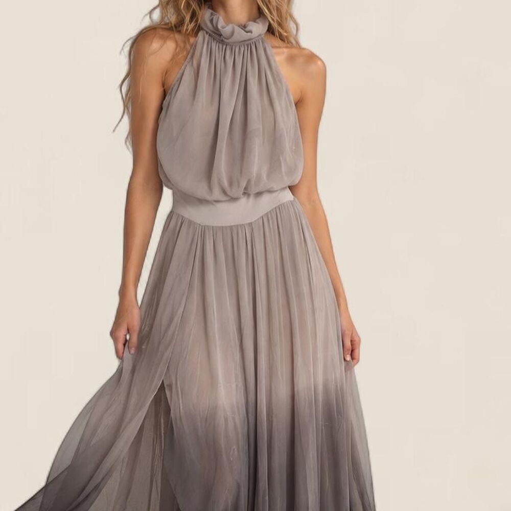 Ruffle Halter Maxi Dress small Taupe Y2K whimsi Fairy Grunge Romantic Boho slit